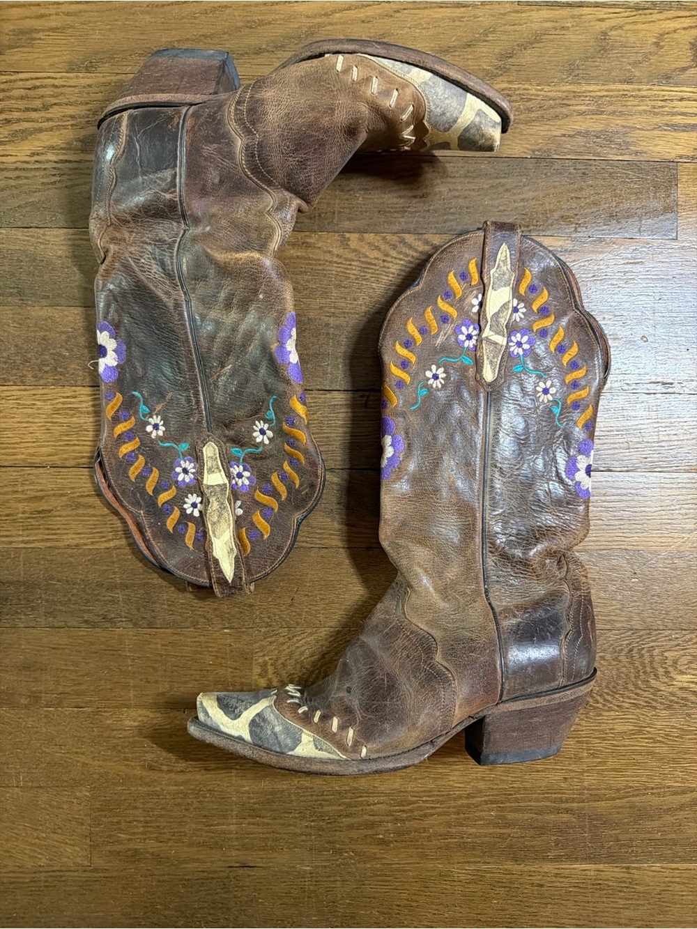 Dan Post Brown Leather Western Boots with Purple & White Floral Embroidery